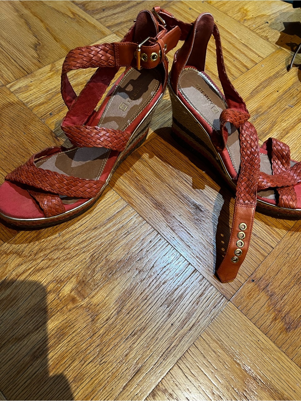Sperry Braided Red Wedge Sandals with Ankle Buckle